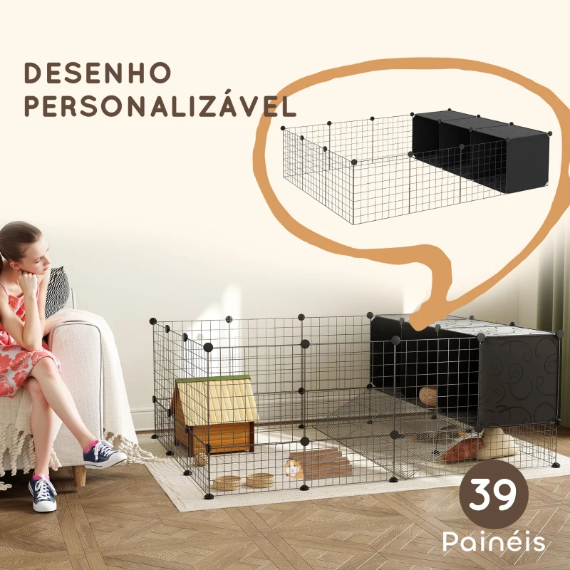 PawHut Recinto para Pequenos Animais Modular Parque para Coelhos com 39 Painéis 3 Abrigos para Cobaias e Coelhos-da-Índia Preto