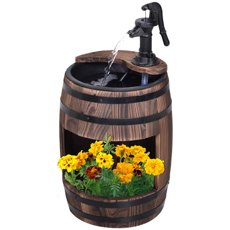Outsunny Wood Barrel Patio Water Fountain Electric Pump Garden Decorative Ornament with Flower Planter Decor