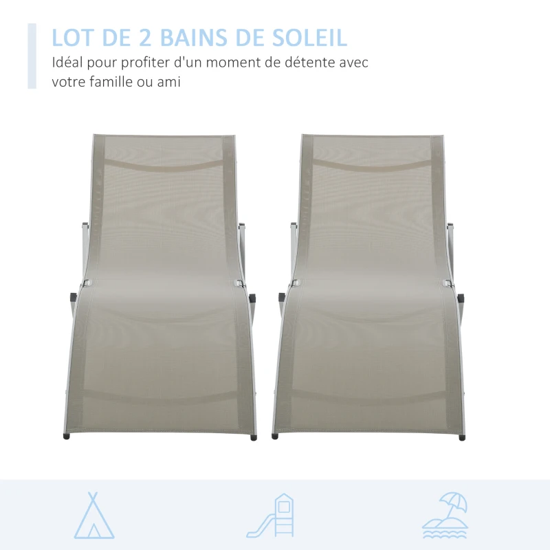 Outsunny Lot de 2 bains de soleil pliables, chaise longue jardin extérieur en aluminium et textilène, transat jardin extérieur pour patio terrasse plage, charge 120 Kg, gris clair