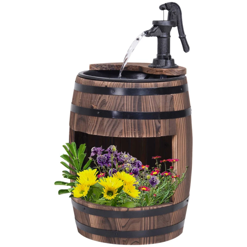 Outsunny Wood Barrel Patio Water Fountain Electric Pump Garden Decorative Ornament with Flower Planter Decor