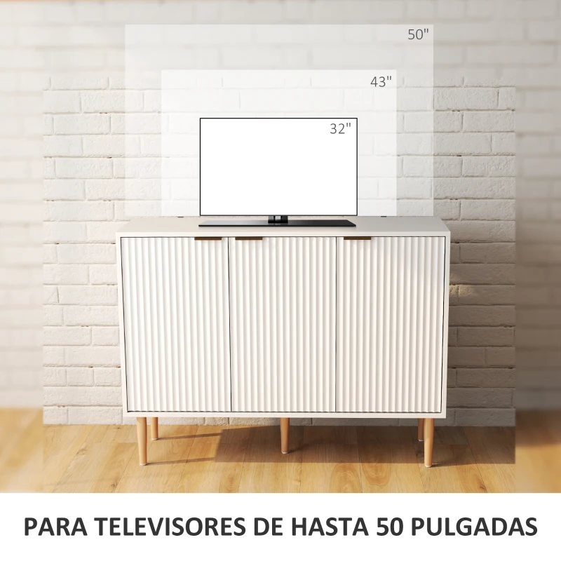HOMCOM Aparador de Salón con Estante Ajustable Aparador de 3 Puertas Acanaladas 107x35x80 cm Blanco