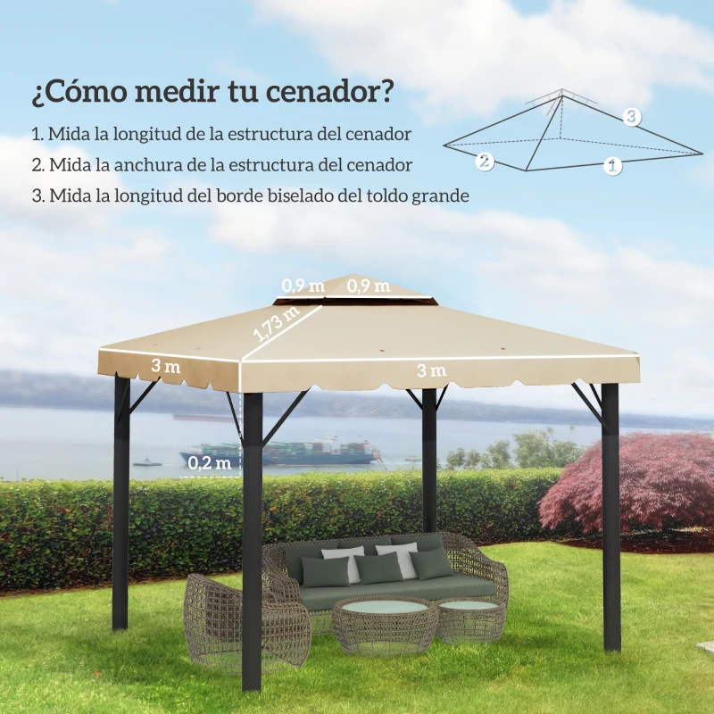 Outsunny Techo de Repuesto para Cenador 3x3 m Cubierta de Repuesto con Doble Techo y 8 Orificios de Drenaje Beige