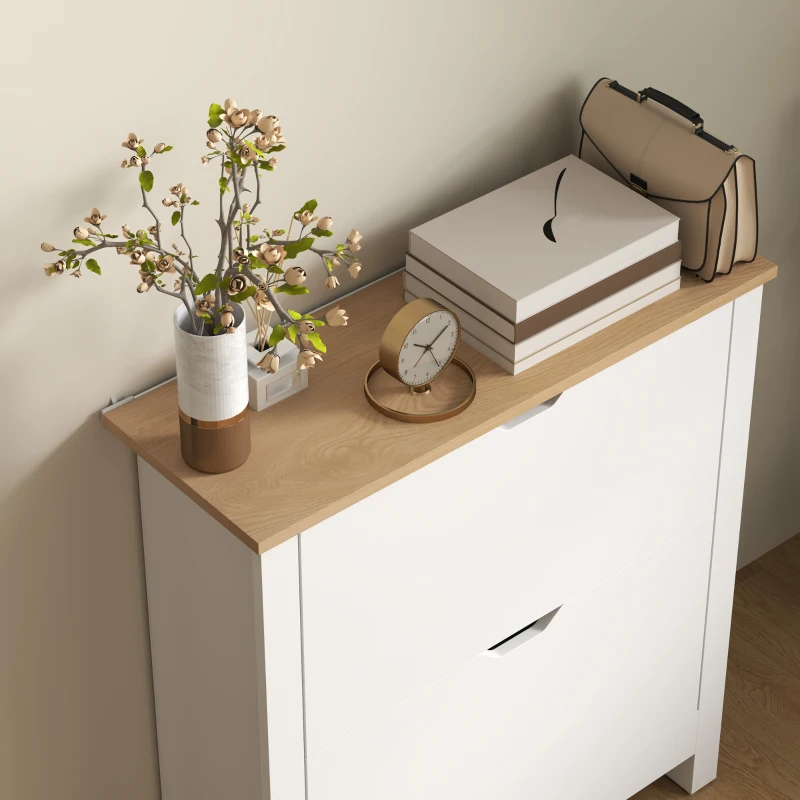 HOMCOM Slim Shoe Cabinet, Narrow Shoe Cupboard with 2 Flip Drawers, Adjustable Shelves for 12 Pairs of Shoes, High Gloss White