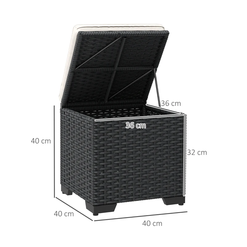 Outsunny Set of 2 Rattan Storage Ottoman, Outdoor Footstool with Removable Cushions, Garden Storage Seat for Balcony, Porch, Living Room, Cream