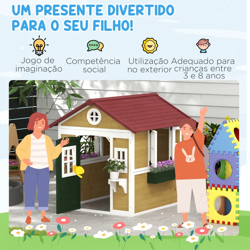 Outsunny Casa de Madeira para Crianças Casa de Brincar Infantil para Jardim  com Porta Janelas e Floreiras 114x126,5x135 cm Multicor