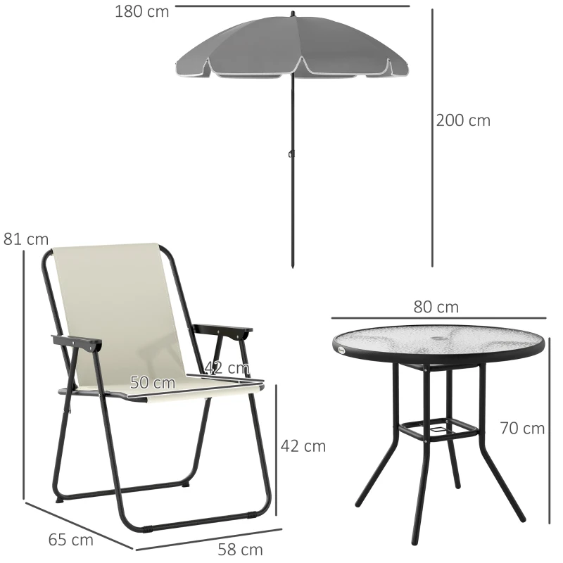 Outsunny Set da Giardino 6 Pezzi in Acciaio con 4 Sedie Pieghevoli, Ombrellone e Tavolo Rotondo, Crema, Grigio e Nero