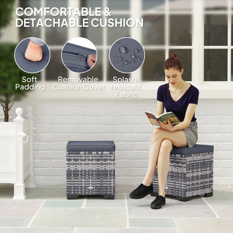 Outsunny Set of 2 Rattan Storage Ottoman, Outdoor Footstool with Removable Cushions, Garden Storage Seat for Balcony, Porch, Living Room, Dark Grey