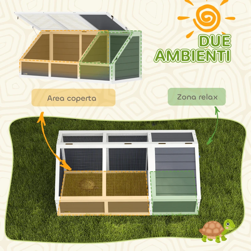 PawHut Casetta per Tartarughe di Terra senza Fondo, in Legno di Abete e Acciaio Zincato, 120x55x50A cm, Grigio e Bianco