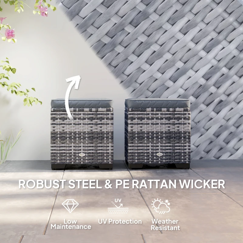 Outsunny Set of 2 Rattan Storage Ottoman, Outdoor Footstool with Removable Cushions, Garden Storage Seat for Balcony, Porch, Living Room, Dark Grey