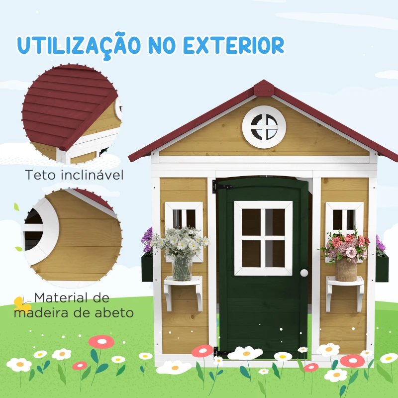 Outsunny Casa de Madeira para Crianças Casa de Brincar Infantil para Jardim  com Porta Janelas e Floreiras 114x126,5x135 cm Multicor