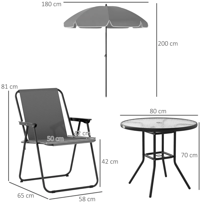 Outsunny Set da Giardino 6 Pezzi in Acciaio con 4 Sedie Pieghevoli, Ombrellone e Tavolo Rotondo, Grigio e Nero