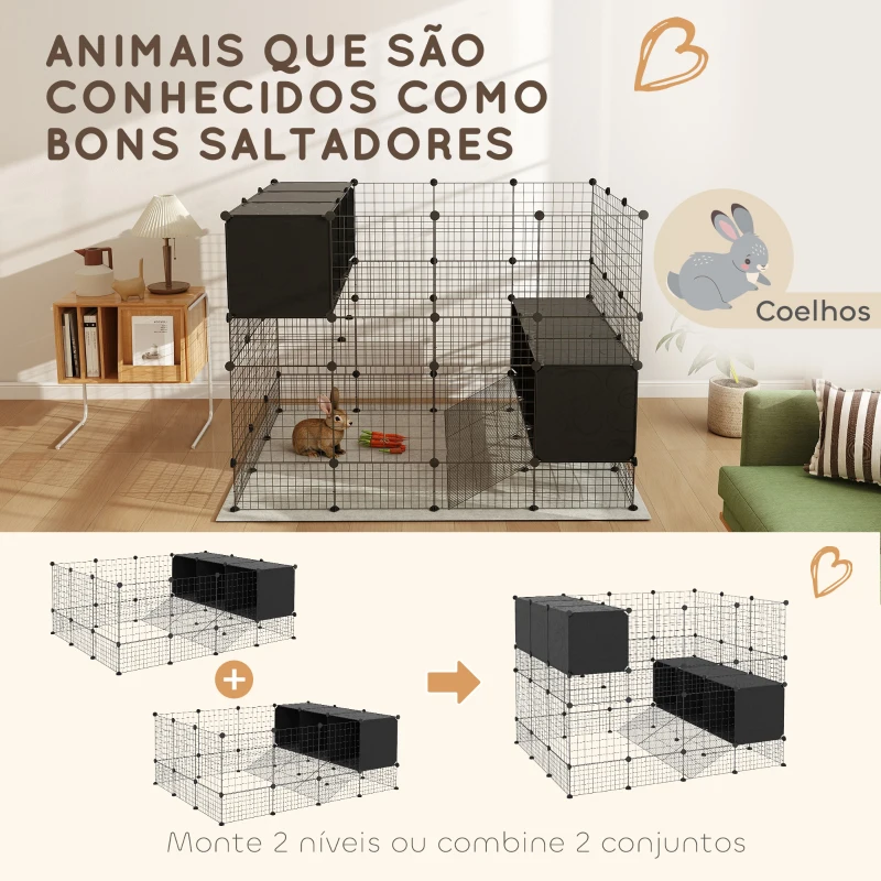 PawHut Recinto para Pequenos Animais Modular Parque para Coelhos com 39 Painéis 3 Abrigos para Cobaias e Coelhos-da-Índia Preto