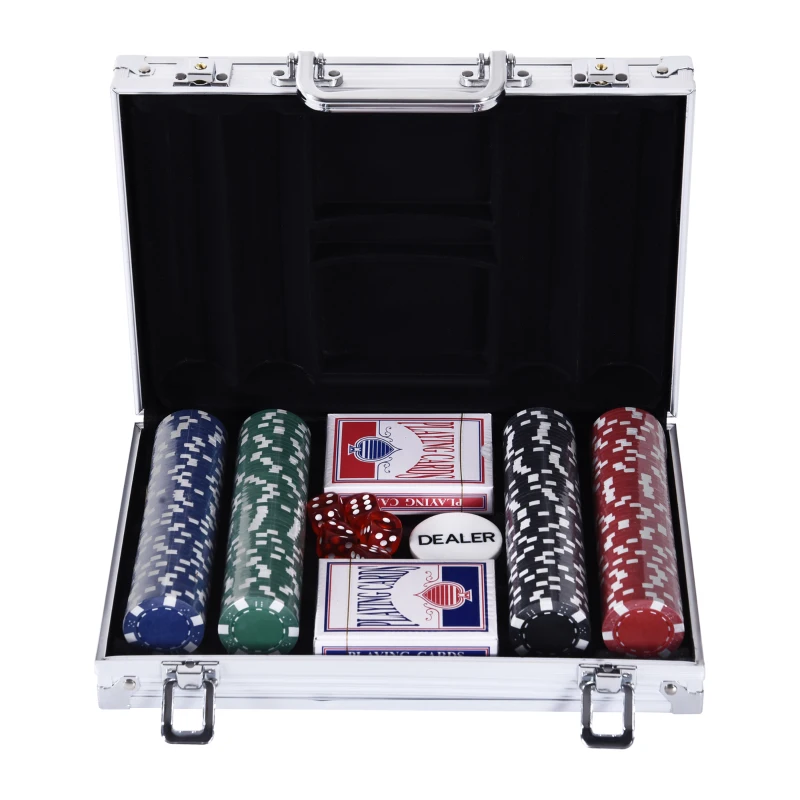 HOMCOM Maletín de Poker Profesional de Aluminio con 200 Fichas Juego Set de Poker Casino con 5 Dados 2 Barajas de Cartas y 1 Ficha de Crupier 29,5x20,5x6,5 cm Multicolor