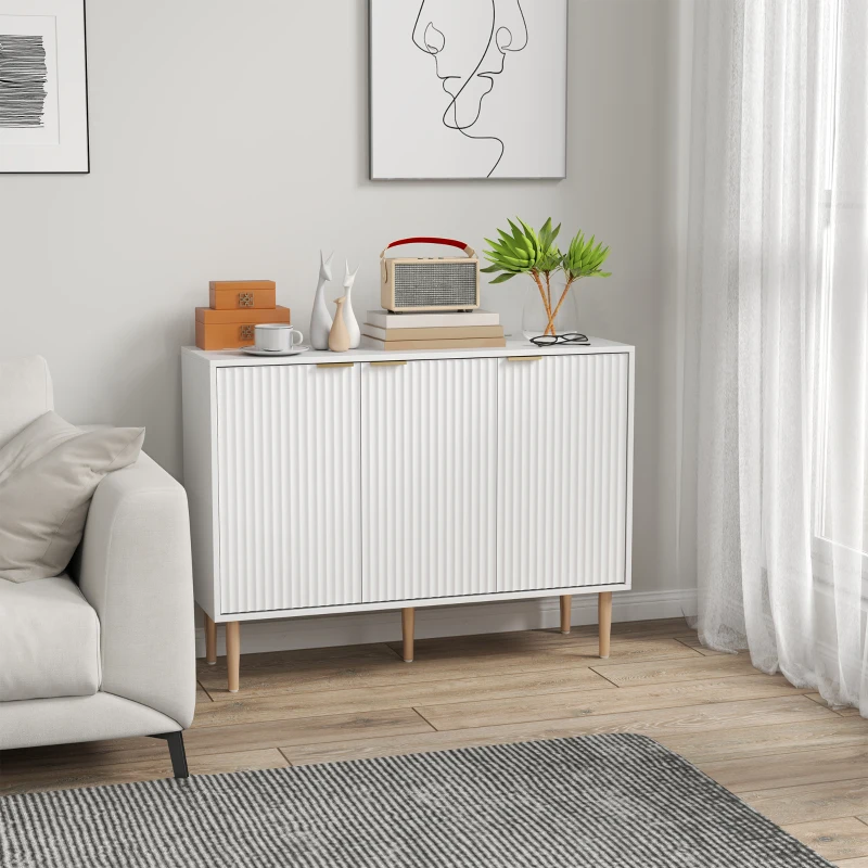 HOMCOM Aparador de Salón con Estante Ajustable Aparador de 3 Puertas Acanaladas 107x35x80 cm Blanco