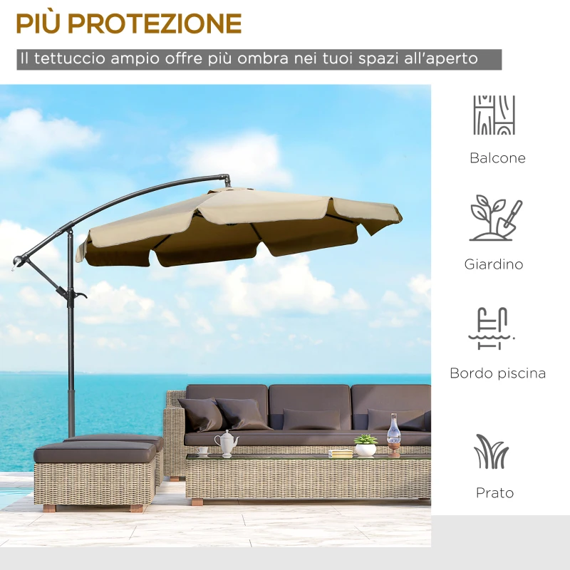 Outsunny Ombrellone da Giardino a Braccio con Apertura a Manovella in Metallo e Poliestere, Ø2.7x2.7 m, Caffè