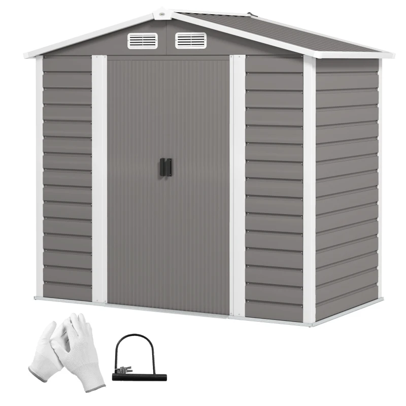 Outsunny 7 x 4ft Garden Shed, Easy to Assemble, Upgraded Galvanised Steel Frame with Foundation Kit, Double Doors with Lock, Outdoor Metal Shed with Vents and Gloves, Garden Storage Shed, Light Grey