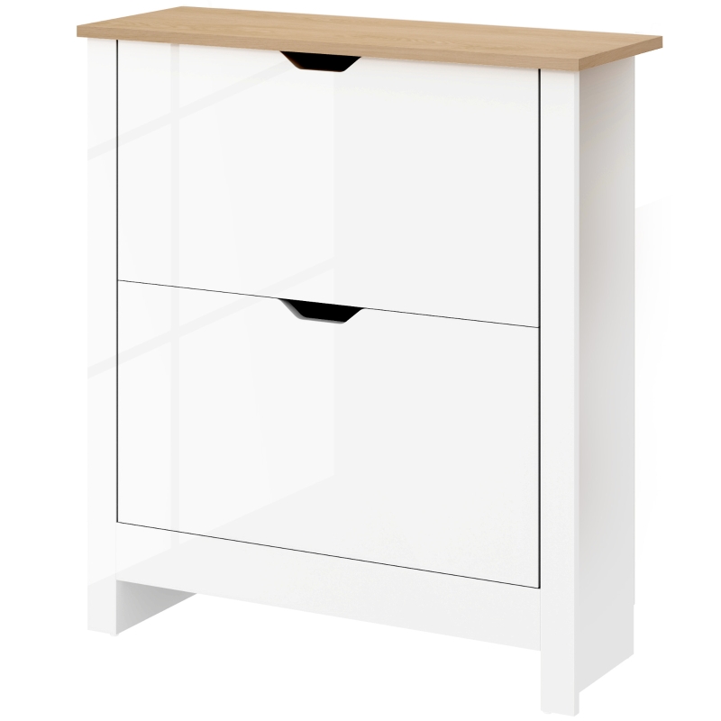 HOMCOM Slim Shoe Cabinet, Narrow Shoe Cupboard with 2 Flip Drawers, Adjustable Shelves for 12 Pairs of Shoes, High Gloss White