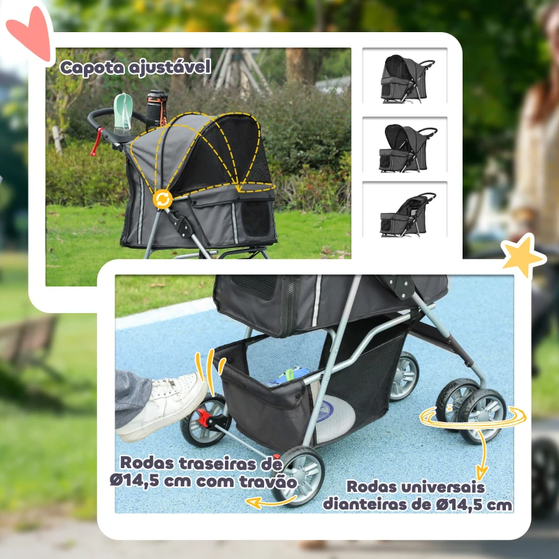 PawHut Carrinho de Passeio para Animais de Estimação Dobrável com Cesta de Armazenamento e Travão 75x45x97 cm Cinza