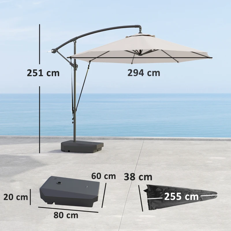 Outsunny 3(m) Garden Cantilever Parasol with Fillable Base up to 90kg, Wind Protection Strap, Cover, Round Banana Hanging Umbrella with Crank Handle and Tilt, UPF50+ Patio Umbrella, Cream