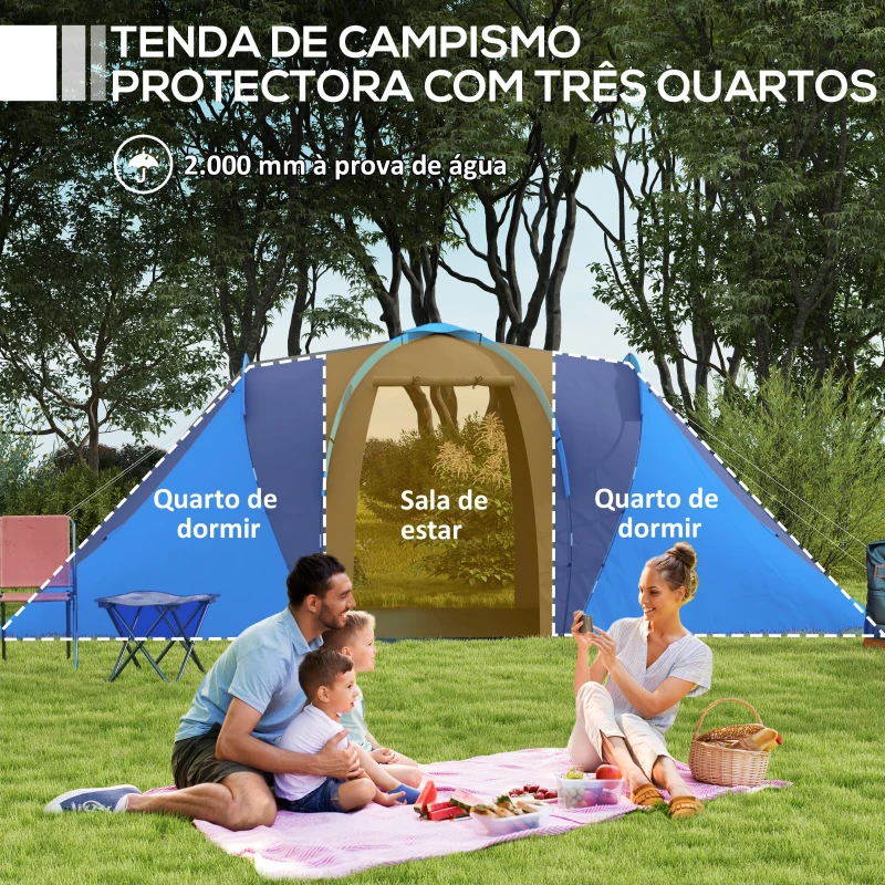 Outsunny Tenda de Campismo Familiar para 4-6 Pessoas com 2 Dormitórios Impermeável 3000 mm com Bolsa 555x225x190 cm Cinza e Azul