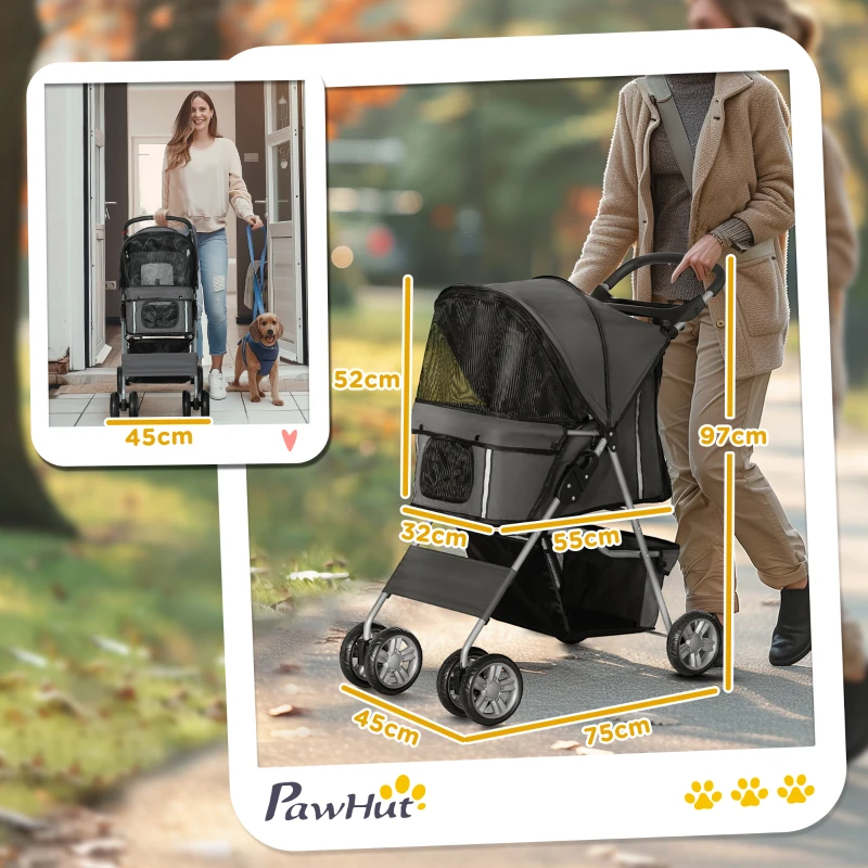 PawHut Carrinho de Passeio para Animais de Estimação Dobrável com Cesta de Armazenamento e Travão 75x45x97 cm Cinza