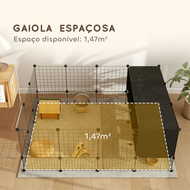 PawHut Recinto para Pequenos Animais Modular Parque para Coelhos com 39 Painéis 3 Abrigos para Cobaias e Coelhos-da-Índia Preto