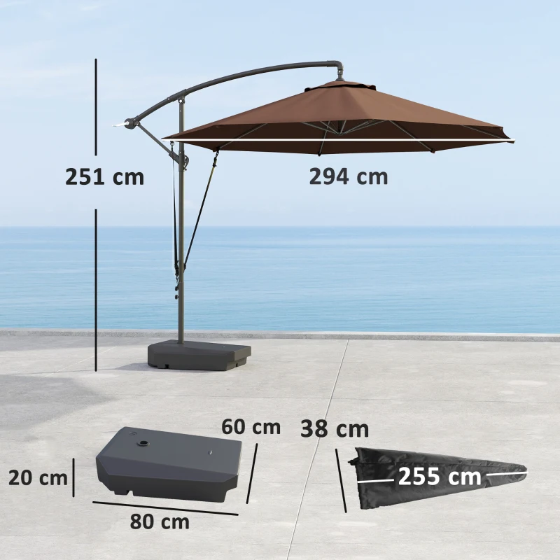 Outsunny 3(m) Garden Cantilever Parasol with Fillable Base up to 90kg, Wind Protection Strap, Cover, Round Banana Hanging Umbrella with Crank Handle and Tilt, UPF50+ Patio Umbrella, Brown