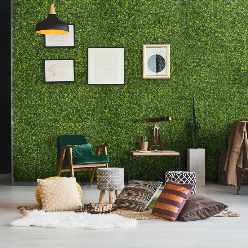 Outsunny 12PCS Artificial Boxwood Wall Panels 50cm x 50cm Grass Privacy Fence Screen Faux Hedge Greenery Backdrop Encrypted Milan Grass with White Flowers for Home Garden Backyard Balcony