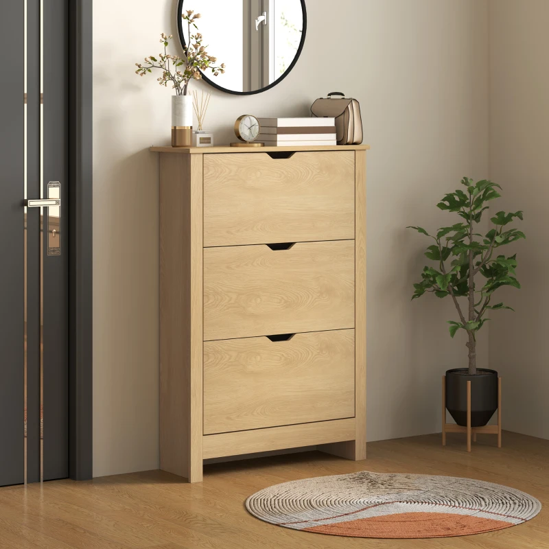 HOMCOM Slim Shoe Cabinet, Narrow Shoe Cupboard with 3 Drawers, Adjustable Shelves for 18 Pairs of Shoes, Natural Wood Finish