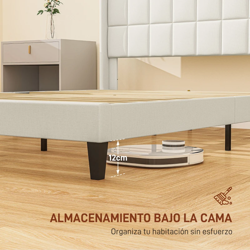 HOMCOM Estructura de Cama 135x190 cm con Cabecera y Espacio de Almacenamiento Debajo de la Cama Carga 300 kg Beige
