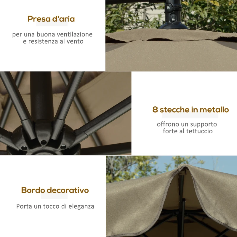 Outsunny Ombrellone da Giardino a Braccio con Apertura a Manovella in Metallo e Poliestere, Ø2.7x2.7 m, Caffè