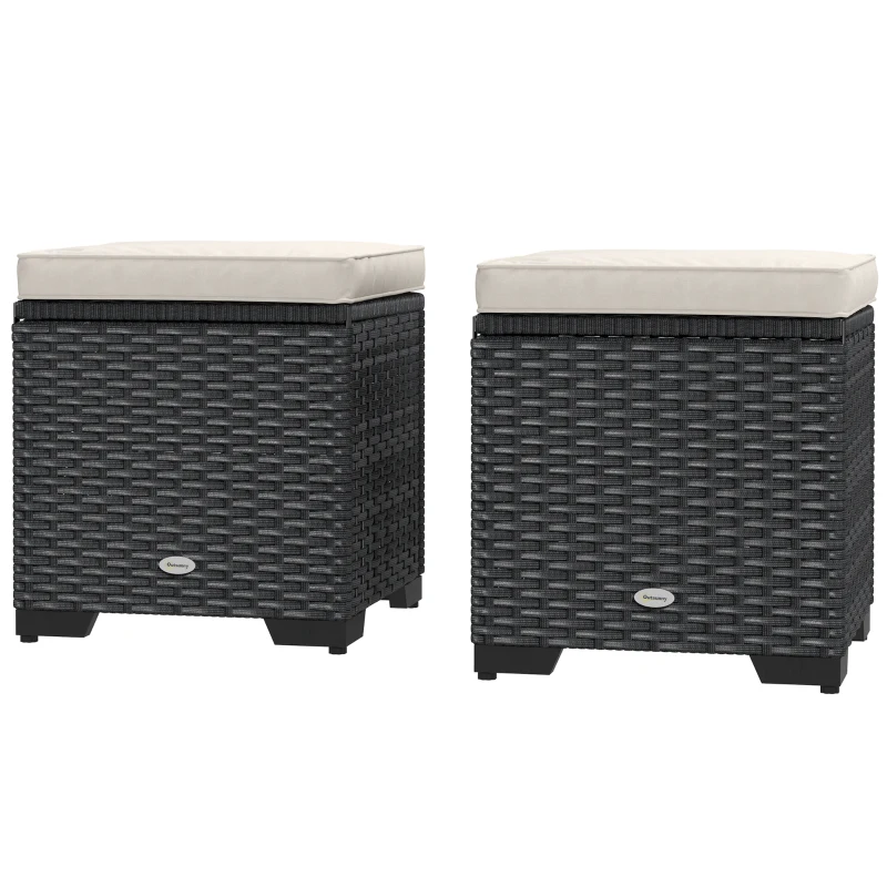 Outsunny Set of 2 Rattan Storage Ottoman, Outdoor Footstool with Removable Cushions, Garden Storage Seat for Balcony, Porch, Living Room, Cream