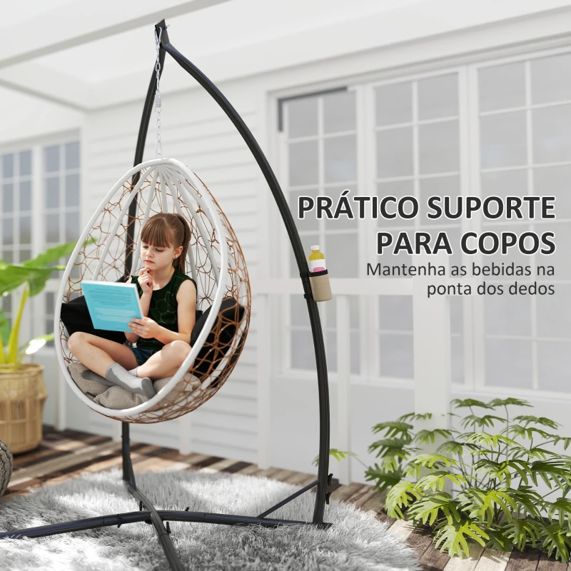 Outsunny Suporte para Cadeira Suspensa com Estrutura de Aço e Suporte para Copos Suporte para Cadeira de Baloiço 105x105x215 cm Preto