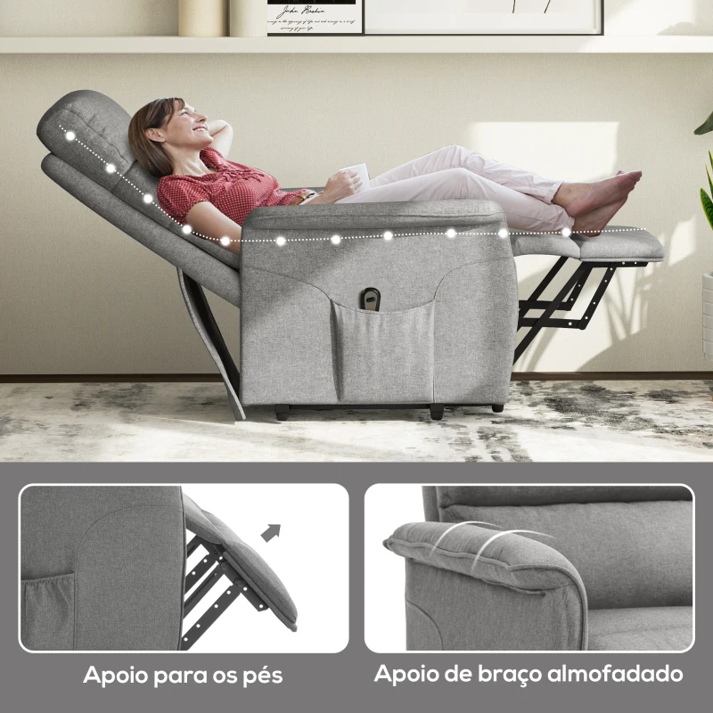 HOMCOM Poltrona Relax Reclinável Elétrica Poltrona Levanta Pessoas com Controlo Remoto e Bolso Lateral 66x90x96 cm Cinza
