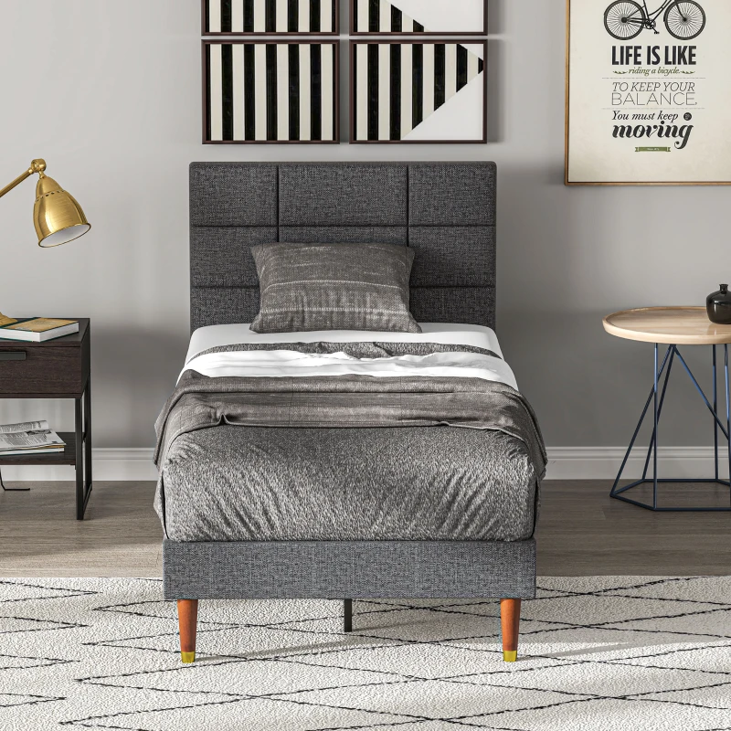 HOMCOM Upholstered Single Bed Frame 161W x 208D x 121Hcm with Slats, Grey