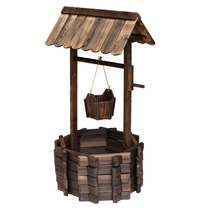 Outsunny Wooden Wishing Well Planter Outdoor Flower Pot Backyard Garden Decor w/ Bucket