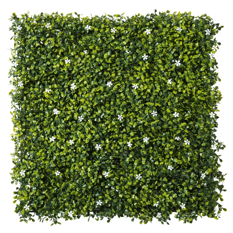 Outsunny 12PCS Artificial Boxwood Wall Panels 50cm x 50cm Grass Privacy Fence Screen Faux Hedge Greenery Backdrop Encrypted Milan Grass with White Flowers for Home Garden Backyard Balcony