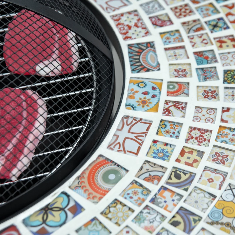 Outsunny Braciere da Esterno 3 in 1 con Tavolino, Griglia e Attizzatoio, in Metallo e Ceramica, 75x75x60 cm