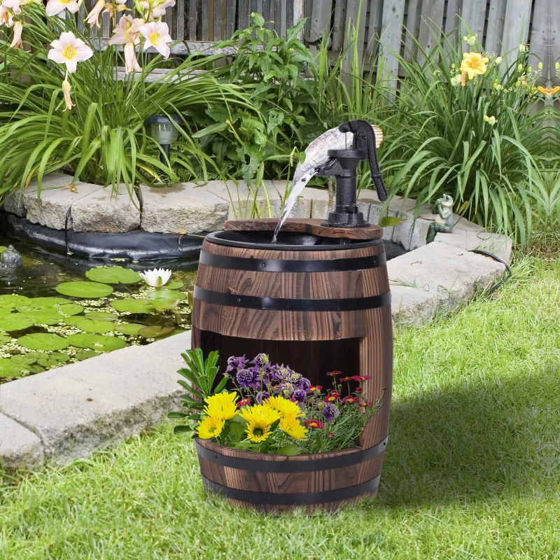 Outsunny Wood Barrel Patio Water Fountain Electric Pump Garden Decorative Ornament with Flower Planter Decor