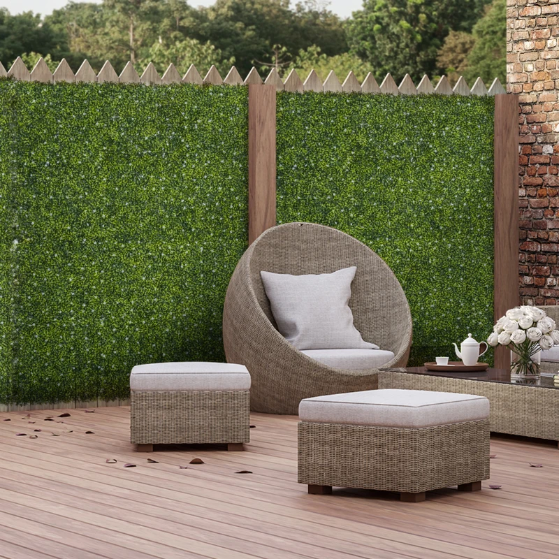 Outsunny 12PCS Artificial Boxwood Wall Panels 50cm x 50cm Grass Privacy Fence Screen Faux Hedge Greenery Backdrop Encrypted Milan Grass with White Flowers for Home Garden Backyard Balcony
