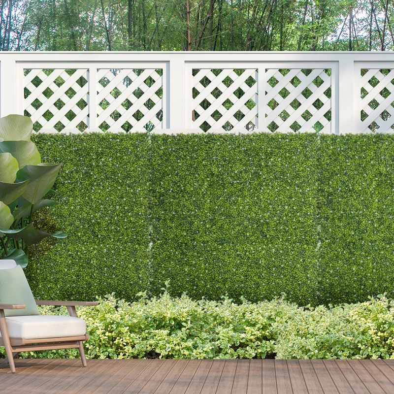 Outsunny 12PCS Artificial Boxwood Wall Panels 50cm x 50cm Grass Privacy Fence Screen Faux Hedge Greenery Backdrop Encrypted Milan Grass with White Flowers for Home Garden Backyard Balcony
