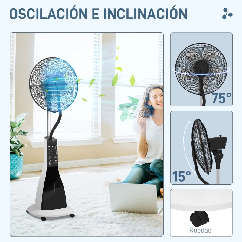 HOMCOM Ventilador Nebulizador de 3 Velocidades con Temporizador 3 Modos y Ruedas Depósito 3L 44,5x38,5x120 cm Negro y Blanco
