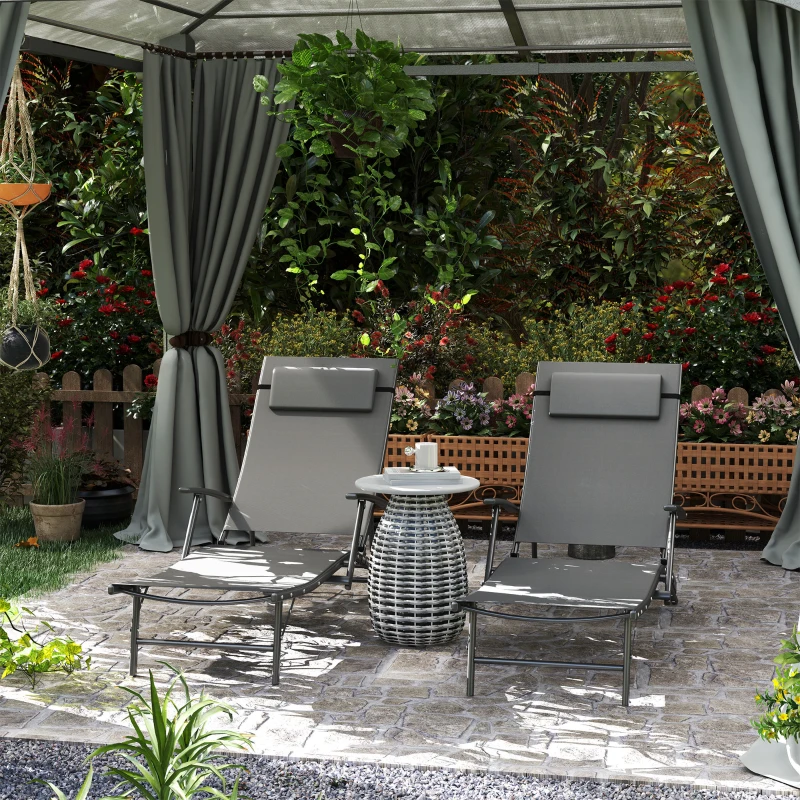 Outsunny Set 2 Sdraio da Giardino Pieghevoli con Schienale Regolabile su 4 Livelli e Cuscino, Grigio