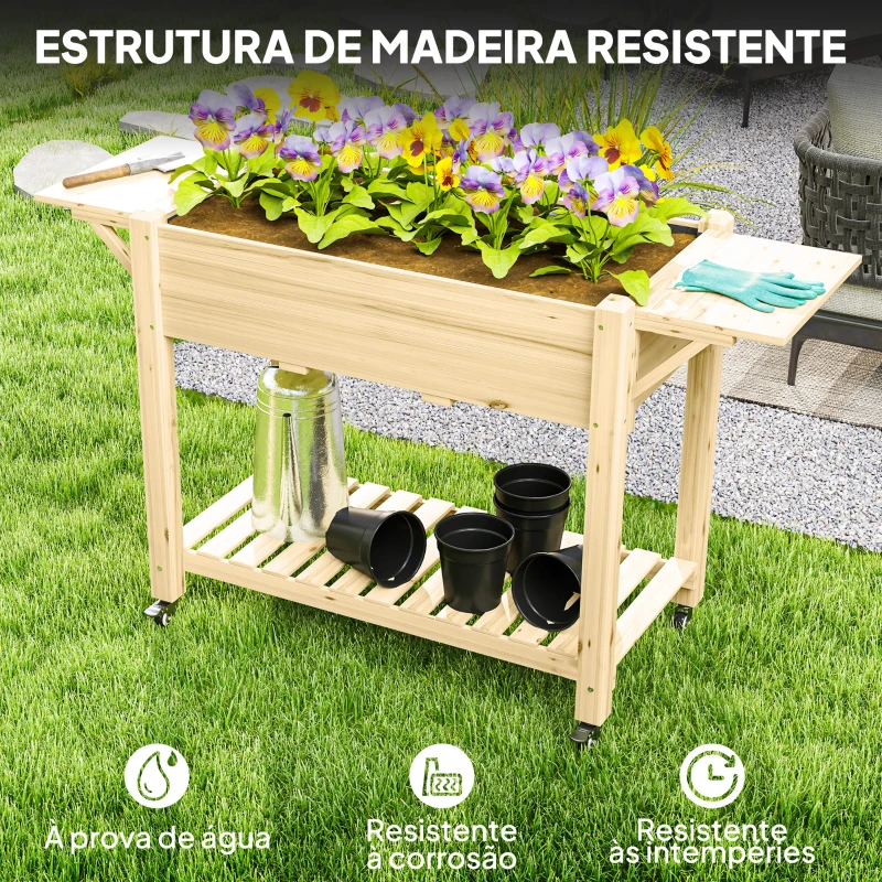 Outsunny Floreira de Madeira com Rodas Prateleira e Laterais Dobráveis para Cultivo de Flores Vegetais 45x52x86 cm Madeira