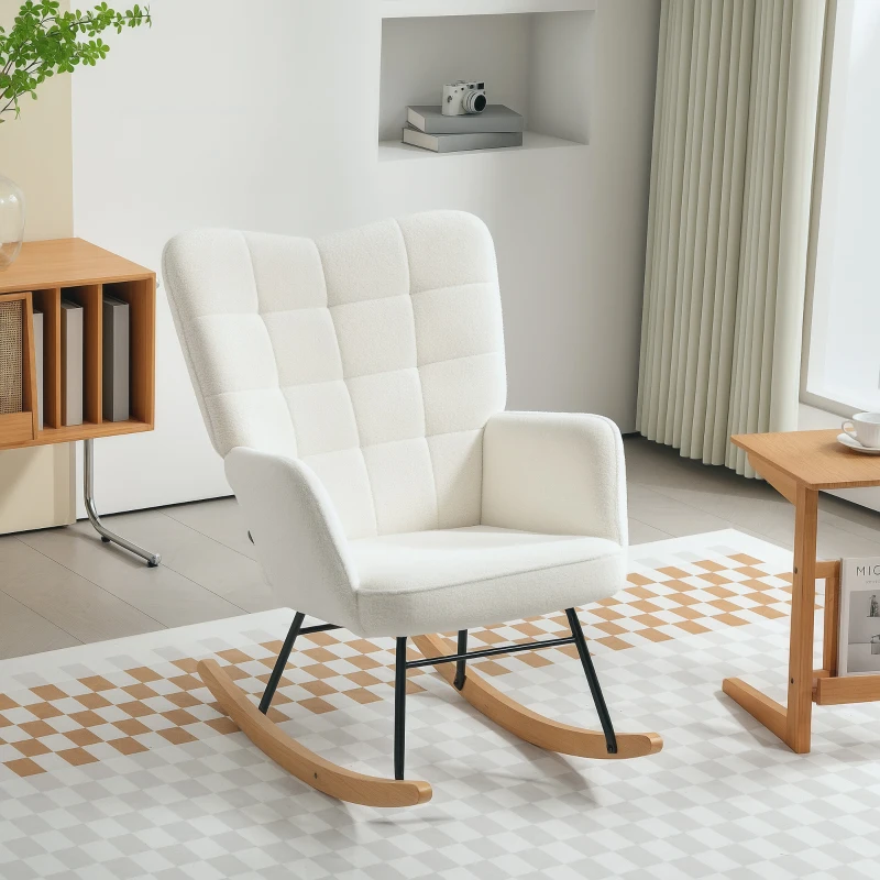 HOMCOM Rocking Chair in Fleece Look with Armrests, Ergonomic Armchair with Wooden Rockers, for Living Room, Bedroom, White(m-7)