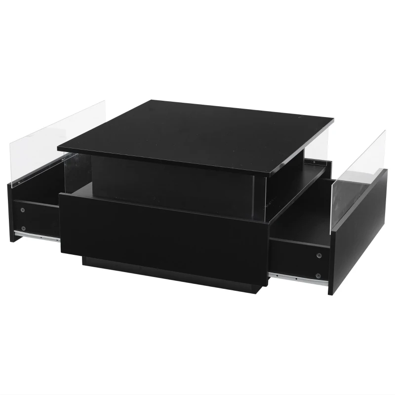 Modern LED Coffee Table with 2 Sliding Drawers and Smart App Control, Square Design, 70L x 70W x 41H cm, Black