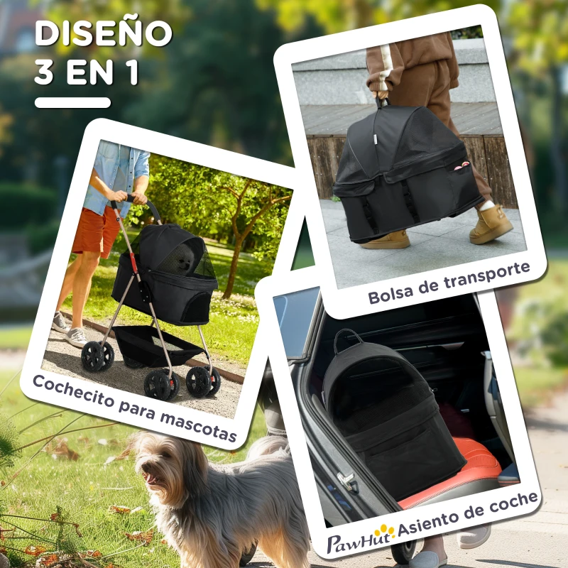 PawHut Carrito para Perros Plegable 3 en 1 con Cesta de Almacenaje Ventana de Malla y Sistema de Seguridad 76x50x102 cm Negro