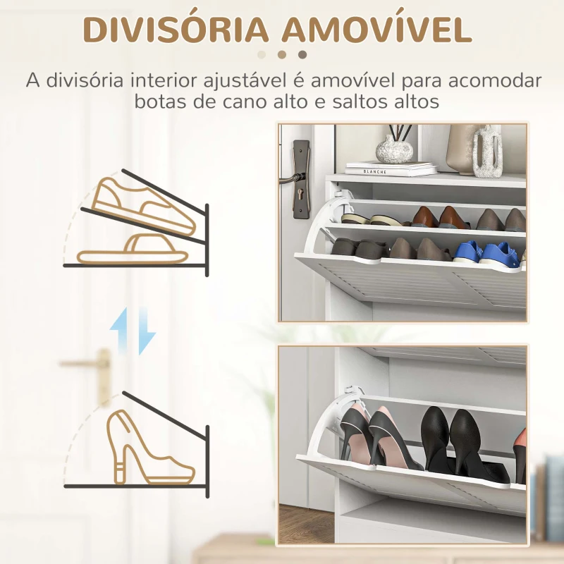 HOMCOM Sapateira Moderna com 2 Gavetas Rebatíveis e Prateleias Ajustáveis para 16 Pares de Sapatos Sapateira Compacta  81,5x25x83 cm Branco