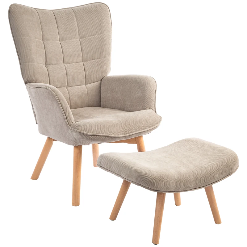 HOMCOM Accent Chair with Ottoman, Lounge Chair in Corduroy Look, Armchair with Wooden Legs, for Living Room, Light Brown(m-12)