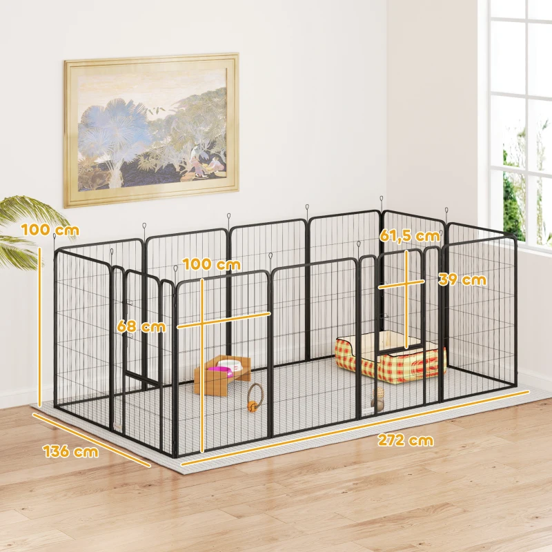 PawHut Vierkantige Puppyren met 12 Roosters, Deur, Aardpennen, Flexibel en Opvouwbaar - 100cm Hoog(m-3)